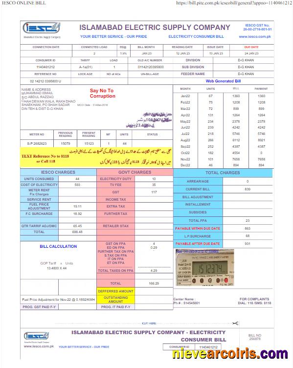 PAKISTAN IESC utility bill